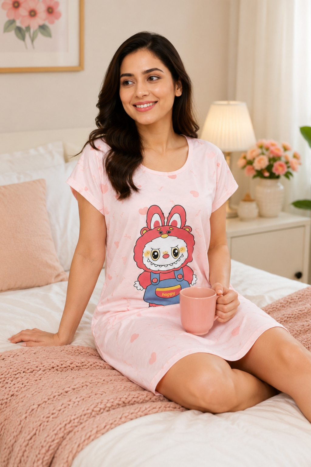 Women's Cute Cartoon Printed Knee Length Nighty | Soft Comfortable Loose Fit Short Sleeve Nighty for Women