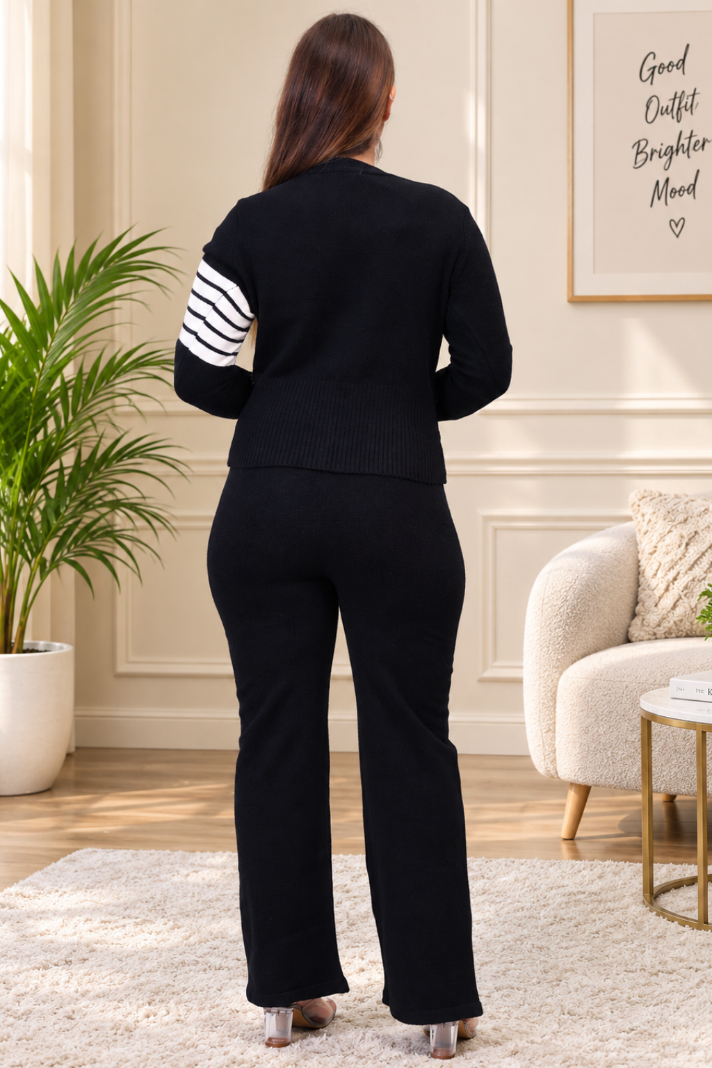Women's Long Sleeve V-Neck open Button woolen Black Co-Ord Set