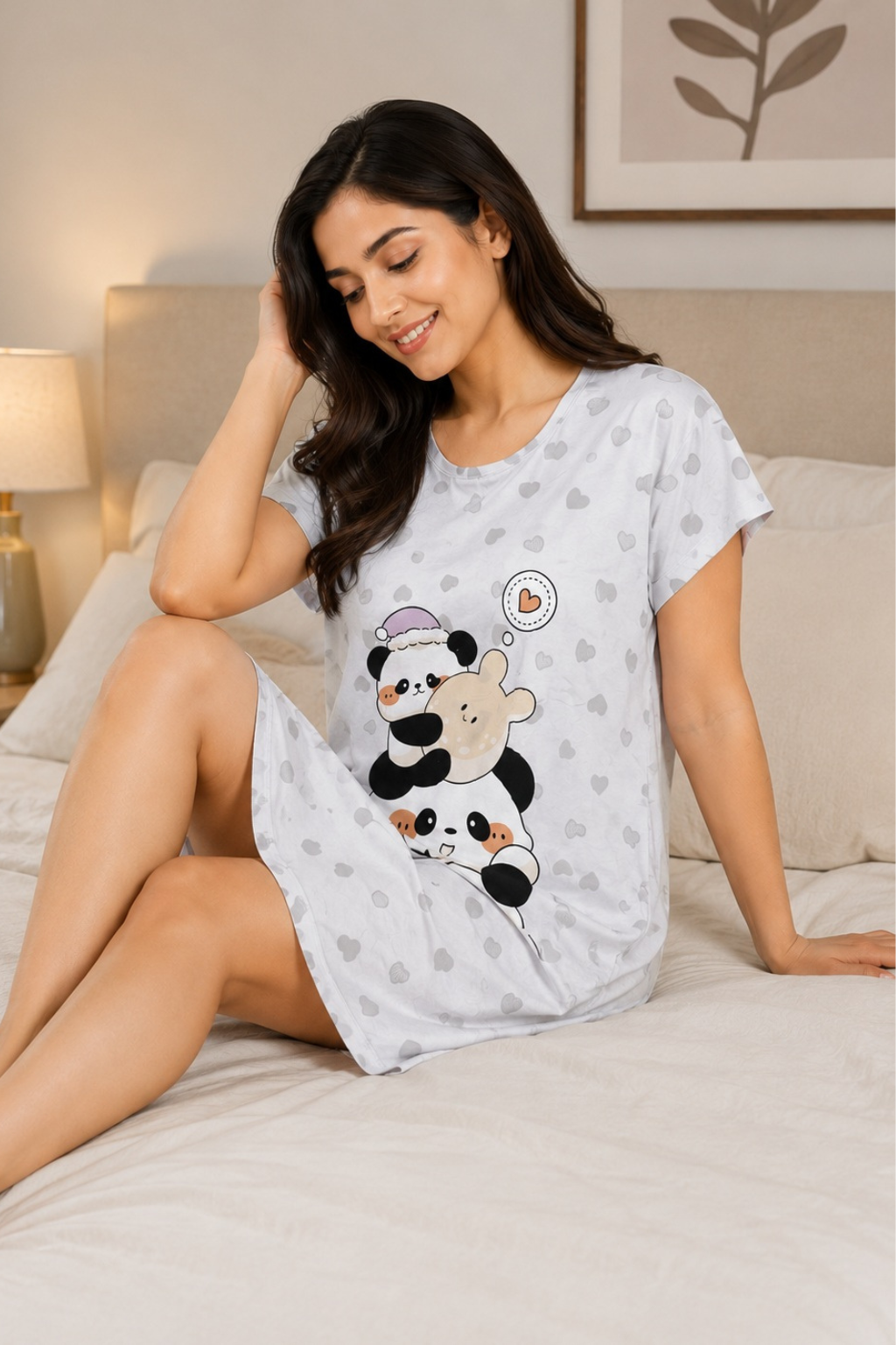 Women's Cute Cartoon Printed Knee Length Nighty | Soft Comfortable Loose Fit Short Sleeve Nighty for Women
