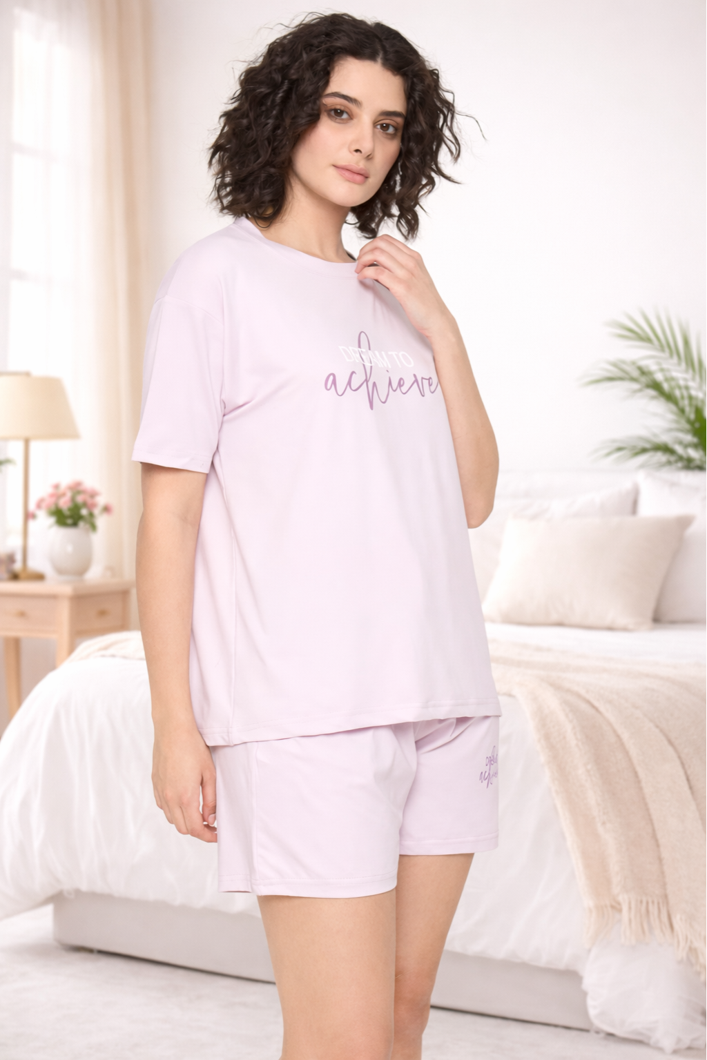Buy Camey Short Set for Women – Stylish & Comfortable Wear | Women's Cotton Loungewear Set, Short Sleeve T-Shirt and Shorts, Light Purple