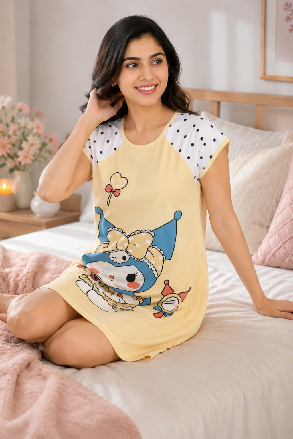 Women's Cute Cartoon Printed Knee Length Nighty | Soft Comfortable Loose Fit Short Sleeve Nighty for Women