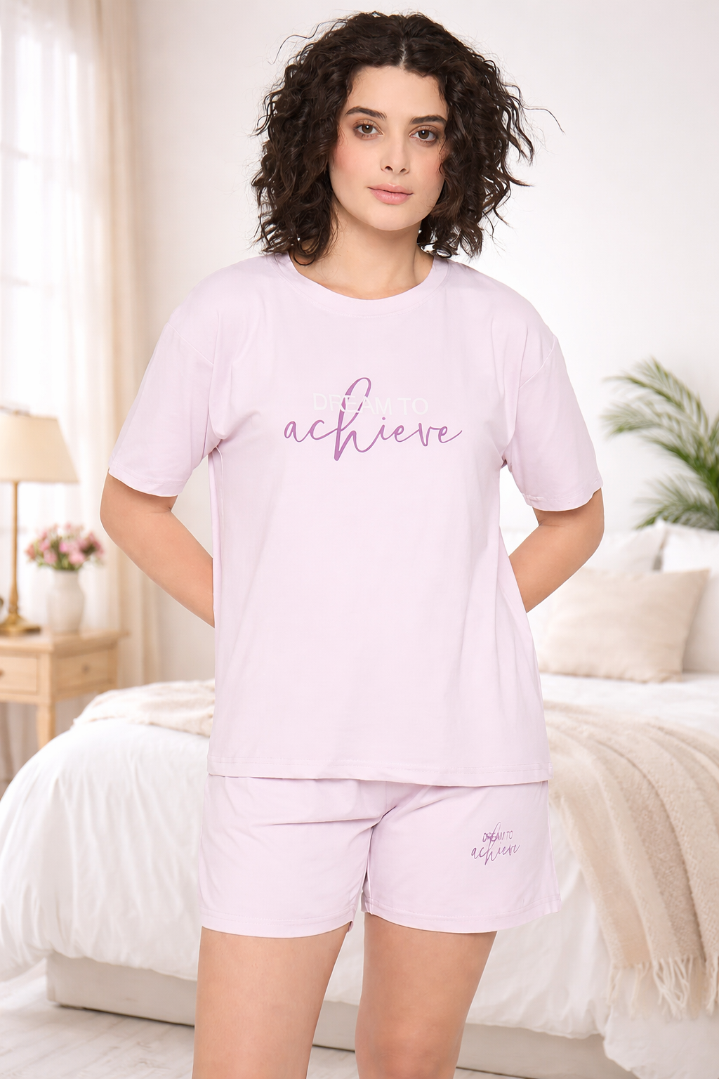 Buy Camey Short Set for Women – Stylish & Comfortable Wear | Women's Cotton Loungewear Set, Short Sleeve T-Shirt and Shorts, Light Purple