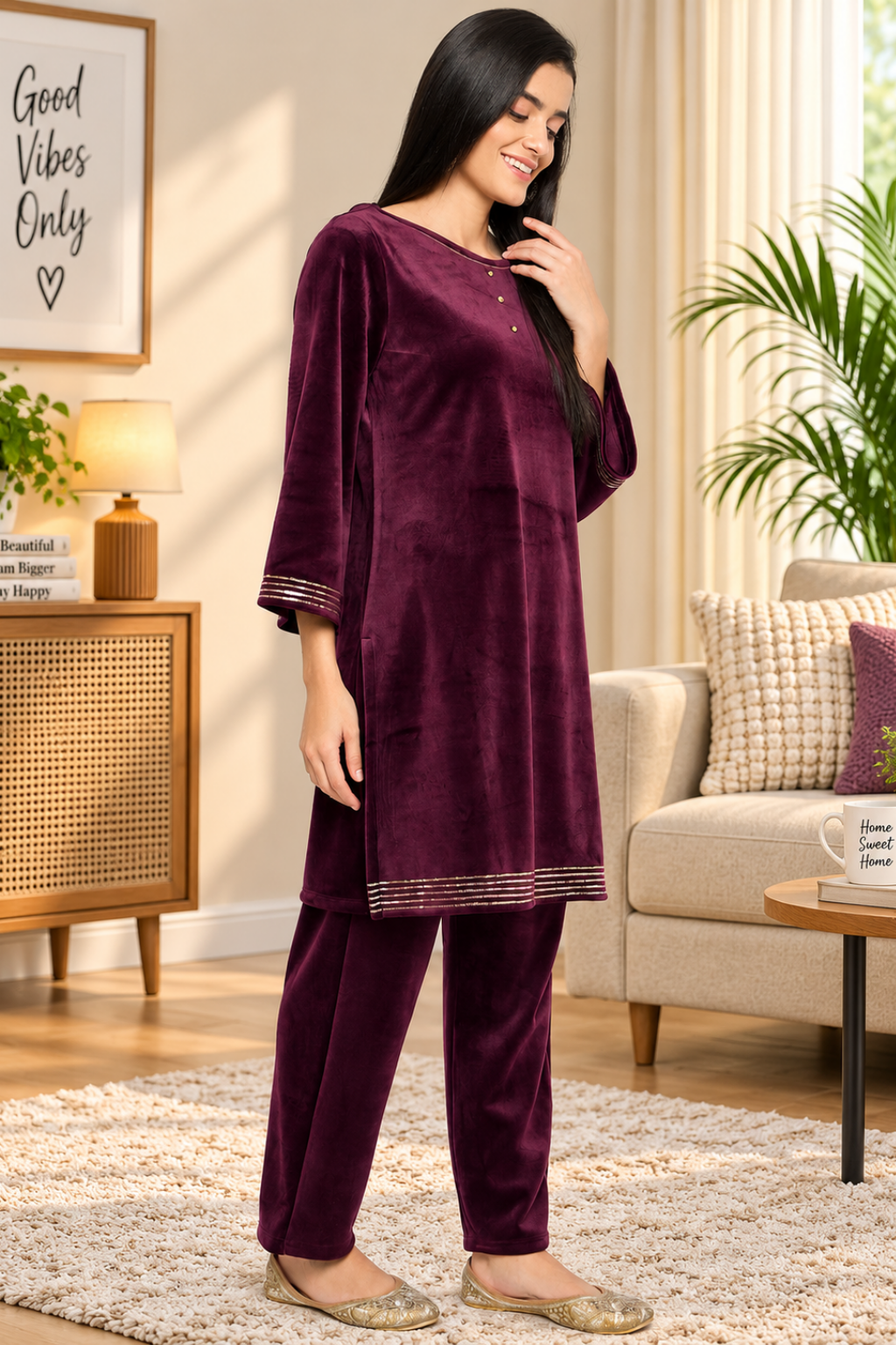 Women's Velvet Winter Kurti Set, Long Sleeves|Winter Velvet Kurti & Pajama Set