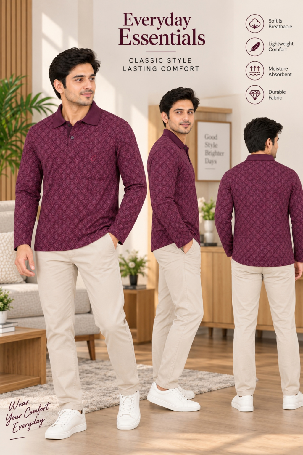 Men's Printed Full Sleeve T-Shirt For Men Polo Neck With Chest Pocket
