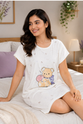 Women's Cute Cartoon Printed Knee Length Nighty | Soft Comfortable Loose Fit Short Sleeve Nighty for Women