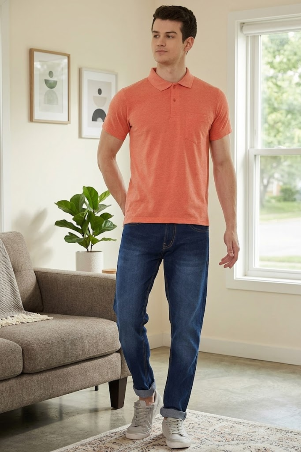 Men's Orange Half Sleeves Cotton Polo T-Shirt