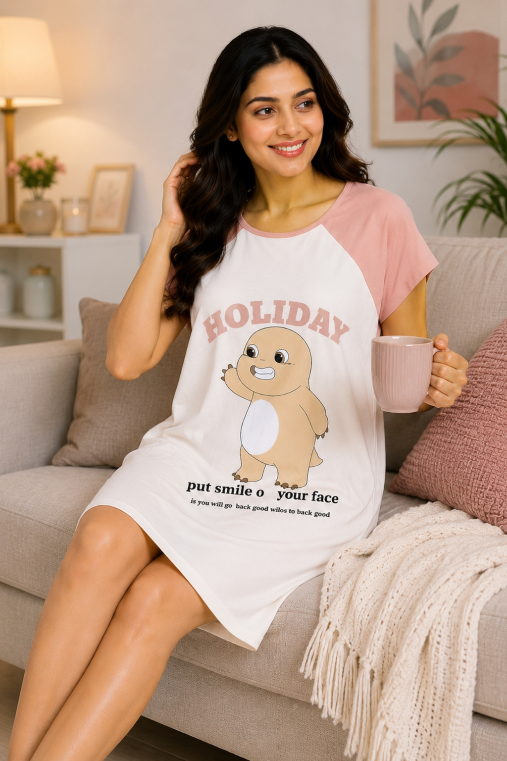 Women's Cute Cartoon Printed Knee Length Nighty | Soft Comfortable Loose Fit Short Sleeve Nighty for Women
