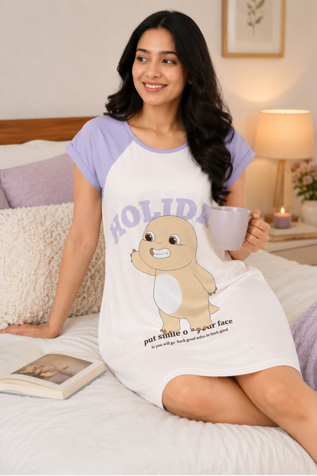Women's Cute Cartoon Printed Knee Length Nighty | Soft Comfortable Loose Fit Short Sleeve Nighty for Women
