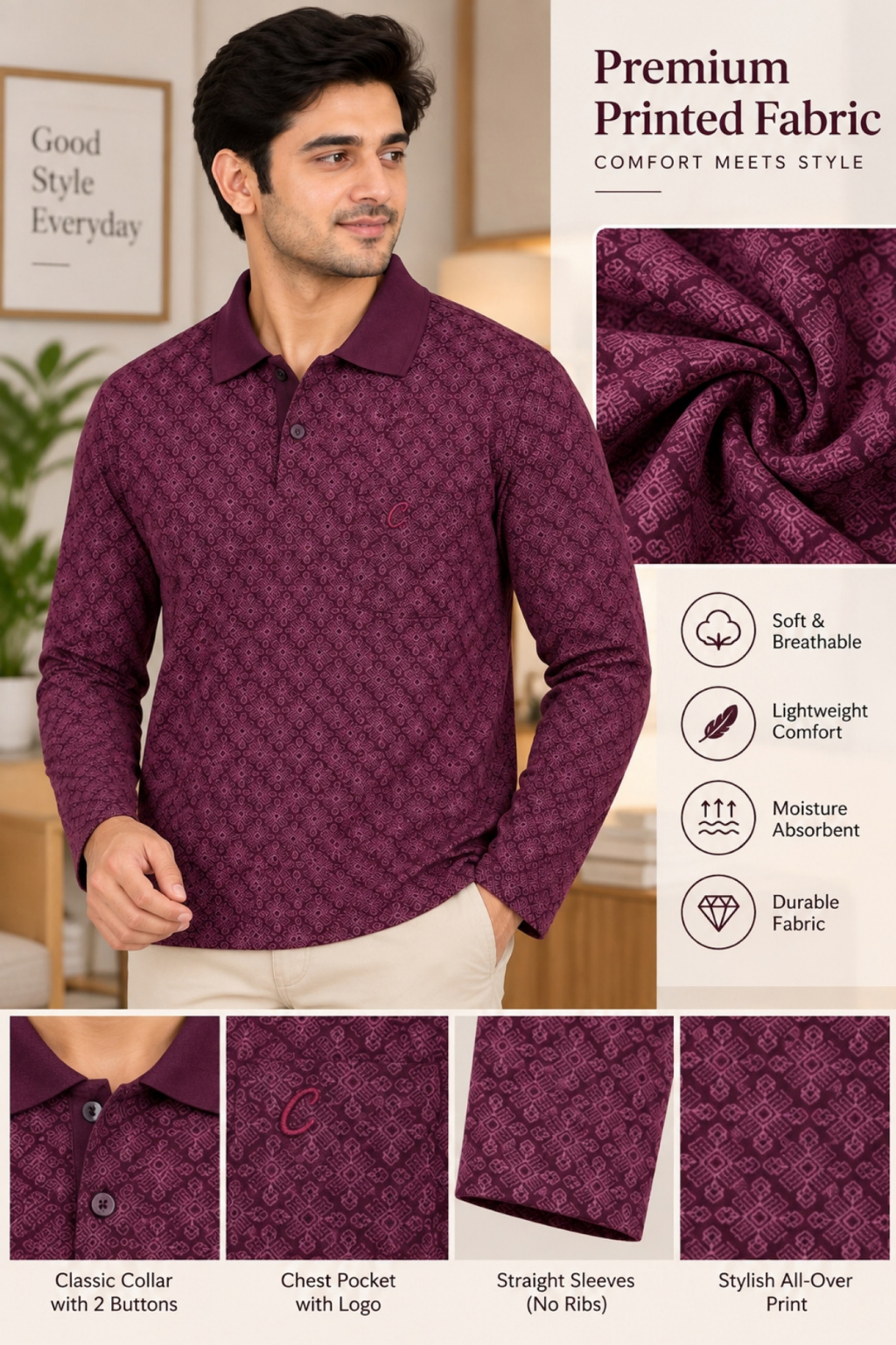 Men's Printed Full Sleeve T-Shirt For Men Polo Neck With Chest Pocket