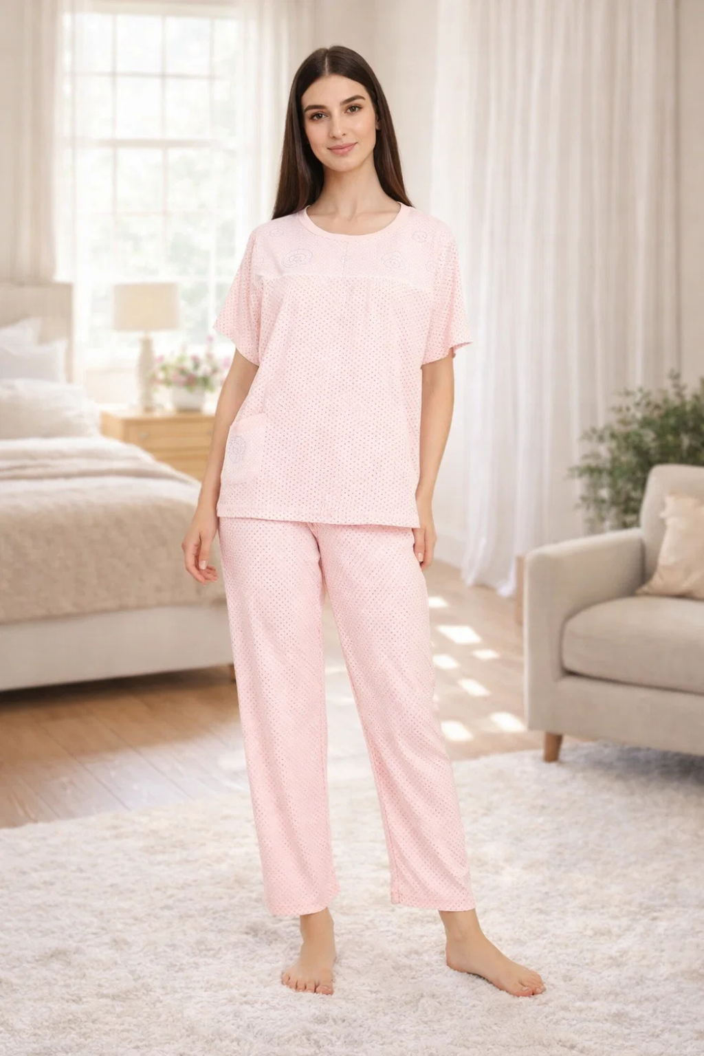 Women Night Suit Pink Polka Dot Printed Pyjama Set | Soft Viscose Night Suit for Women