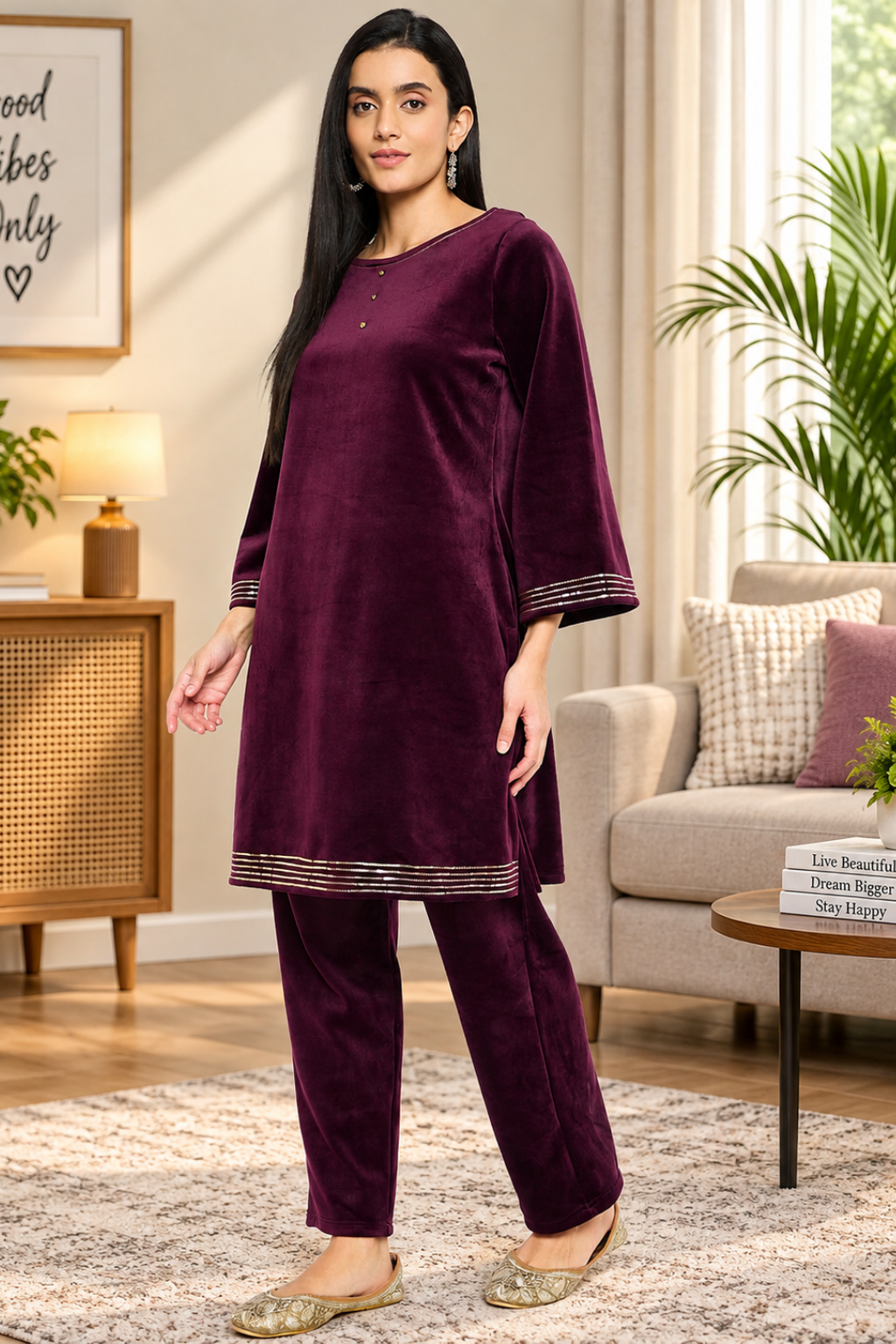 Women's Velvet Winter Kurti Set, Long Sleeves|Winter Velvet Kurti & Pajama Set