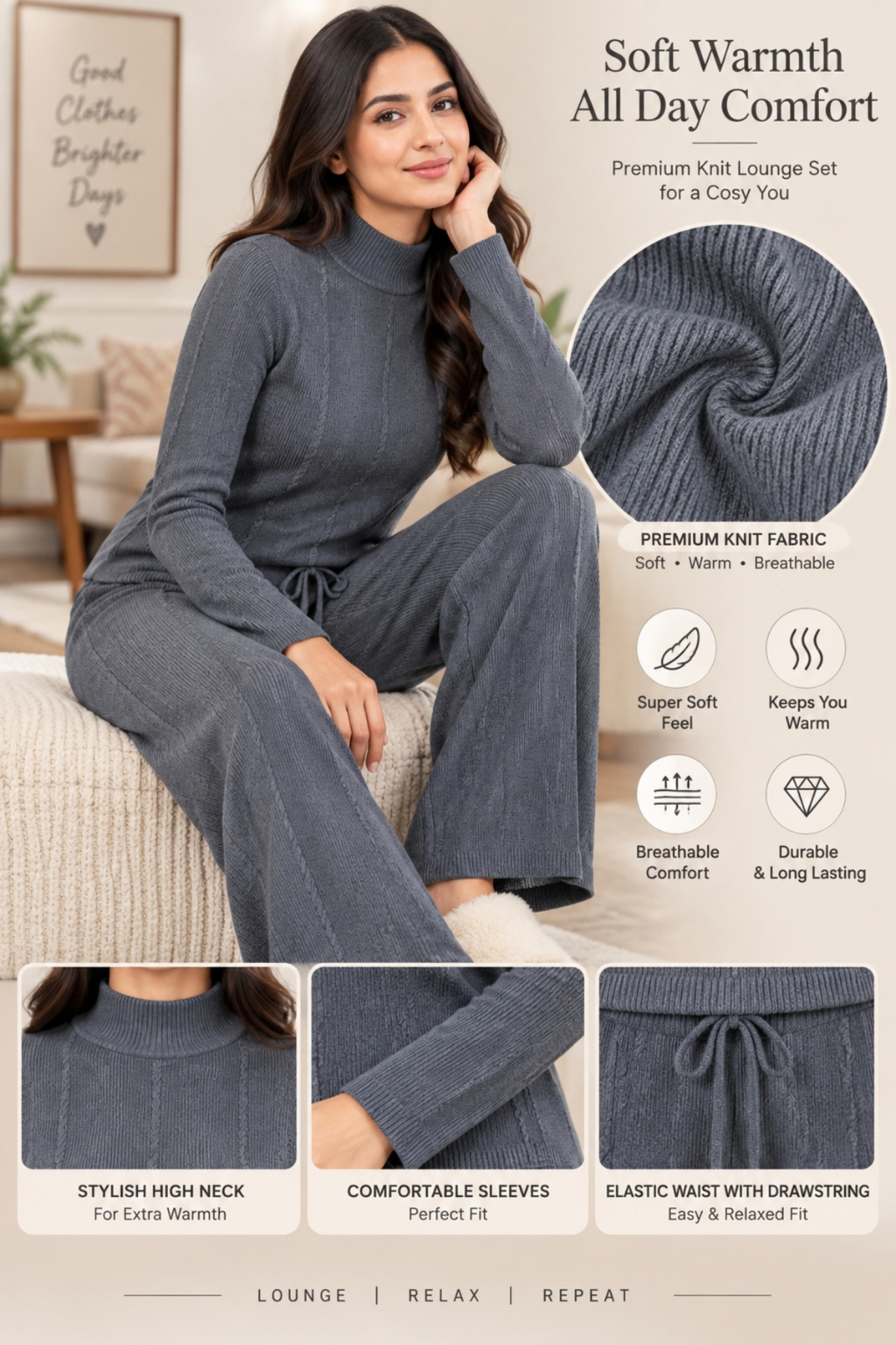 Camey Women Woolen Lounge Wear Set | Full Sleeve with Wide Leg Pants | Soft Warm Winter Co-Ord Set