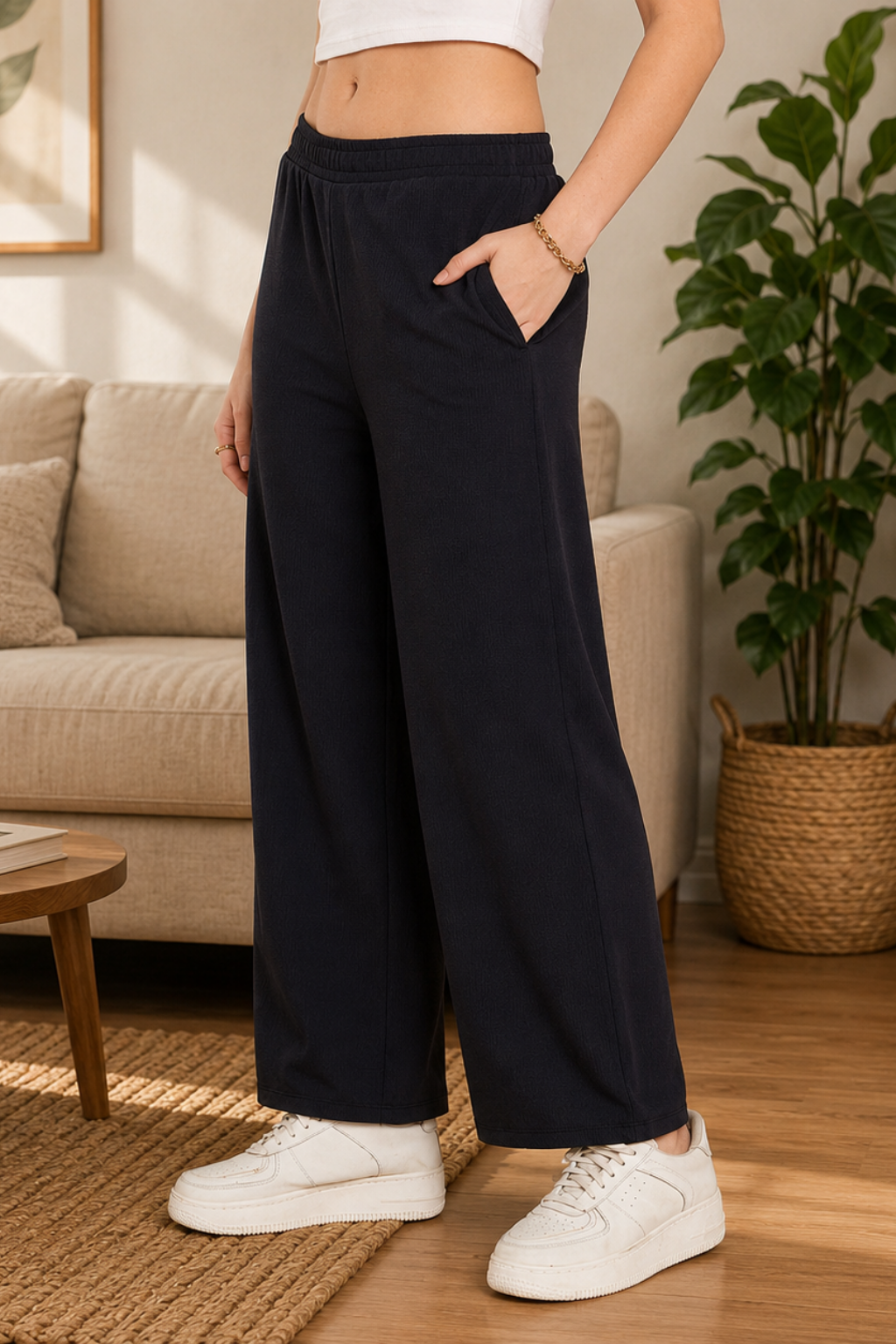Women's Palazzo Pants with Pockets, Wide Leg, Ribbed Pattern, Elastic Waistband, Navy