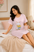 Women's Cute Cartoon Printed Knee Length Nighty | Soft Comfortable Loose Fit Short Sleeve Nighty for Women