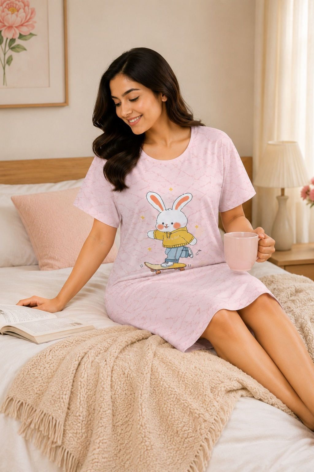 Women's Cute Cartoon Printed Knee Length Nighty | Soft Comfortable Loose Fit Short Sleeve Nighty for Women