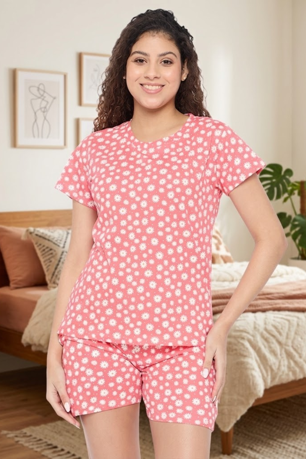 Camey Short Set for Ladies – Cotton Co-ord Sets for Summer Women's Floral Print Loungewear Set  Red