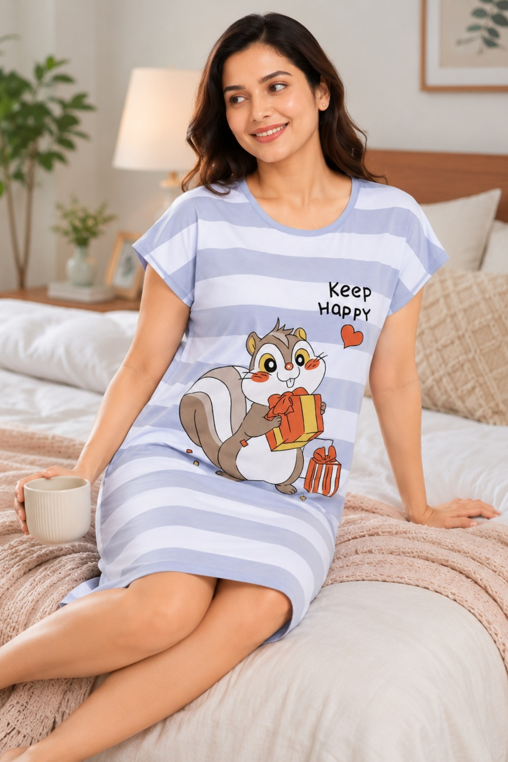 Women's Cute Cartoon Printed Knee Length Nighty | Soft Comfortable Loose Fit Short Sleeve Nighty for Women