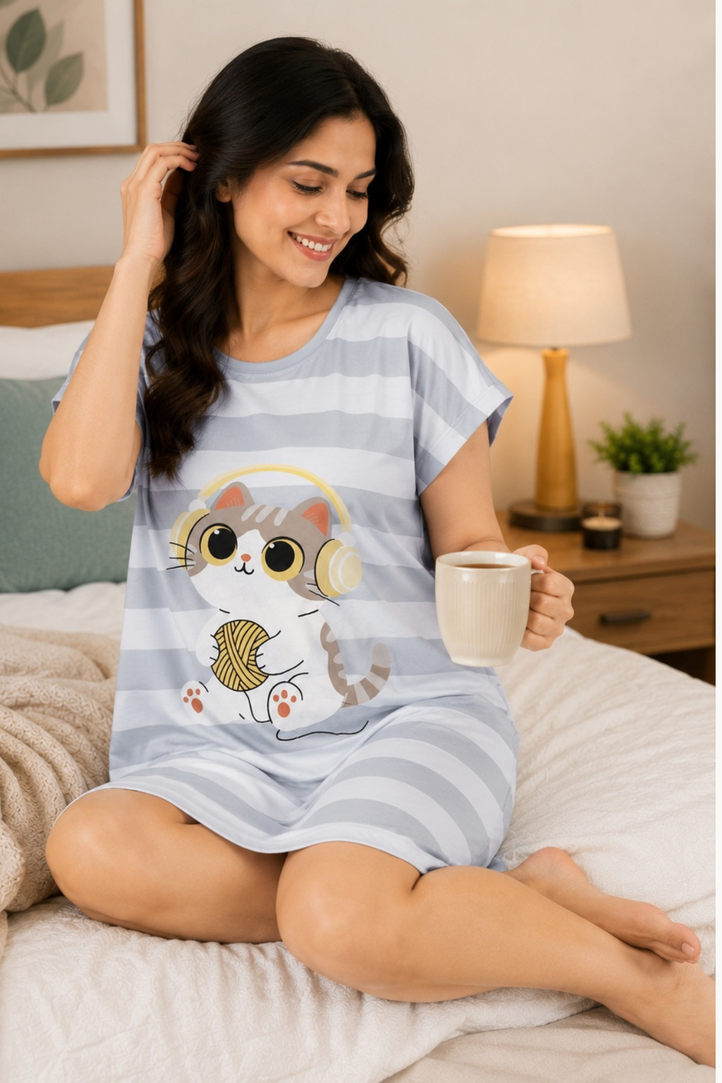 Women's Cute Cartoon Printed Knee Length Nighty | Soft Comfortable Loose Fit Short Sleeve Nighty for Women