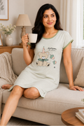 Women's Cute Cartoon Printed Knee Length Nighty | Soft Comfortable Loose Fit Short Sleeve Nighty for Women