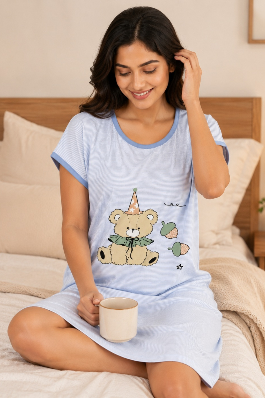 Women's Cute Cartoon Printed Knee Length Nighty | Soft Comfortable Loose Fit Short Sleeve Nighty for Women