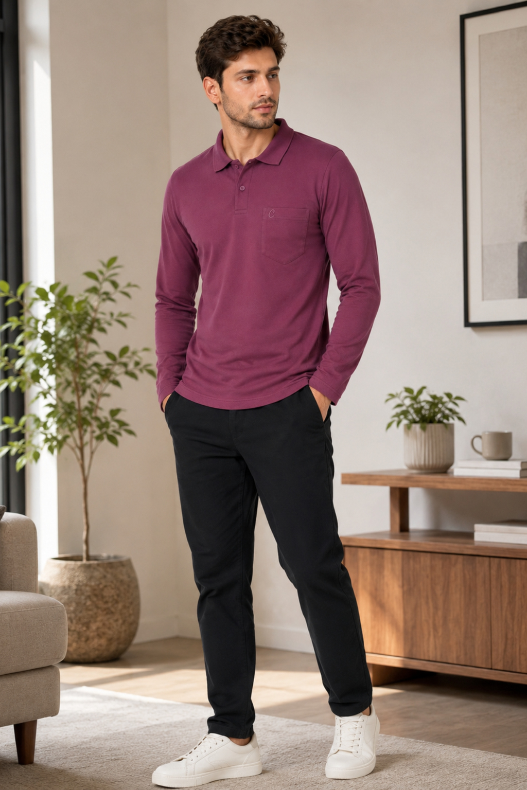 Camey Men's Plain Solid Full Sleeve Polo T-Shirt | Collared Casual Cotton Blend Tee with Chest Pocket