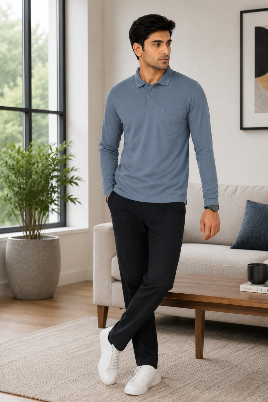 Camey Men's Plain Solid Full Sleeve Polo T-Shirt | Collared Casual Cotton Blend Tee with Chest Pocket