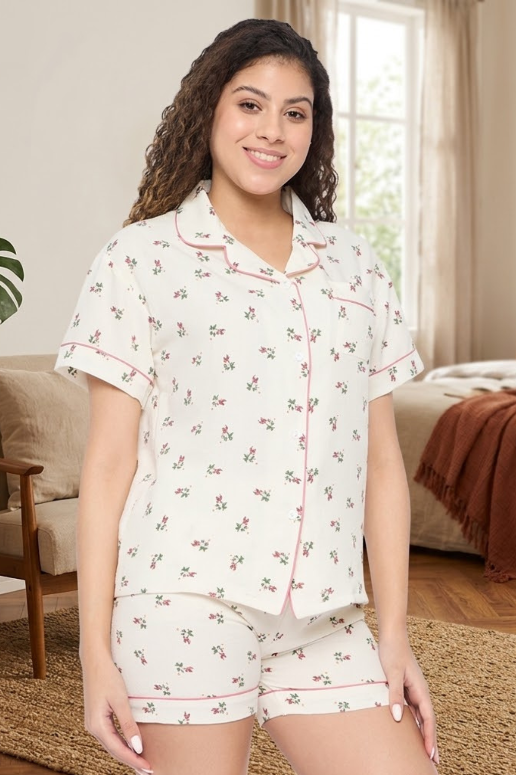 Women's Cotton Shorts Set, Cream Brown