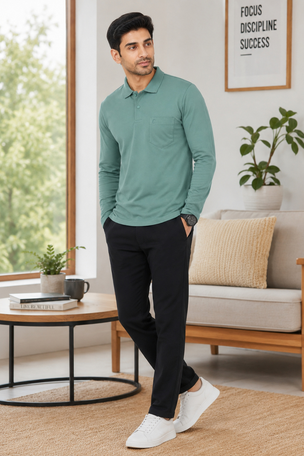 Camey Men's Plain Solid Full Sleeve Polo T-Shirt | Collared Casual Cotton Blend Tee with Chest Pocket