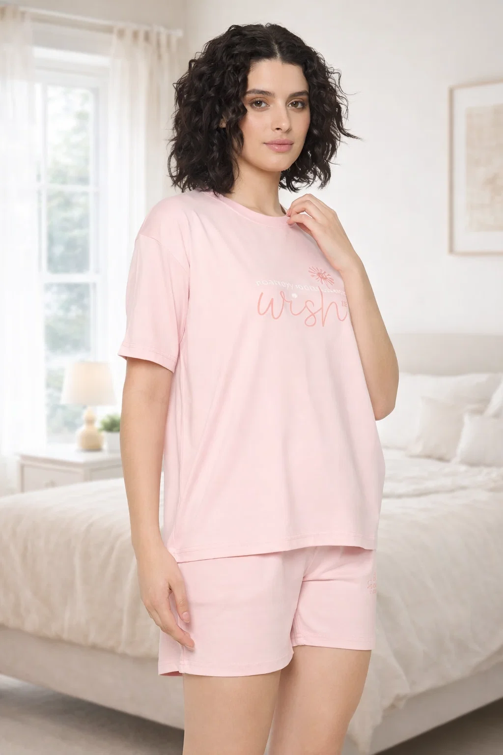 Camey Women’s Cotton Short Set – Cool & Comfy Summer Outfit | Women's Cotton Loungewear Set, Short Sleeve T-Shirt and Shorts, Peach