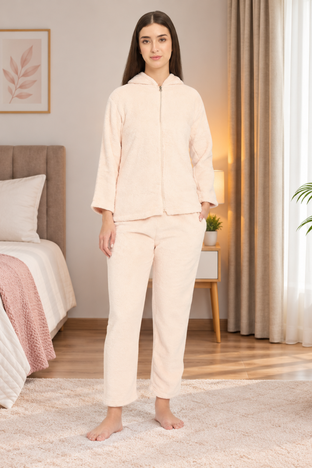 Women Winter Full Sleeve Jacquard Zipper Hoody Nightsuit