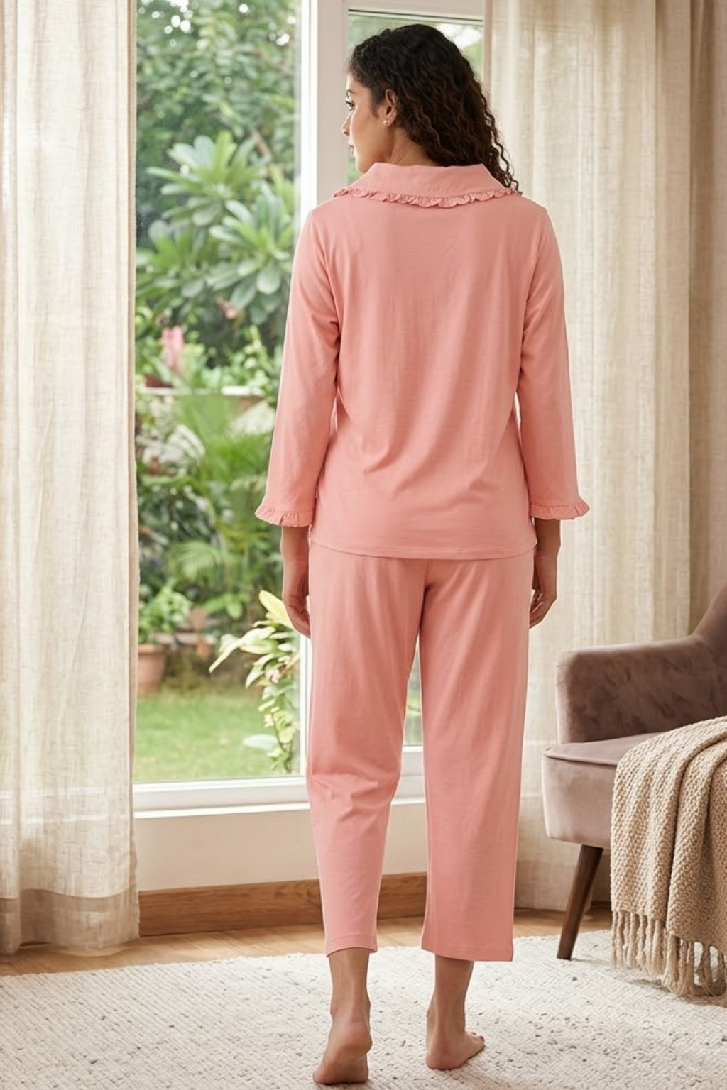 Women's Cotton Pajama Set, Long Sleeve Button-Down Shirt with Pants, Comfortable Sleepwear, Pink