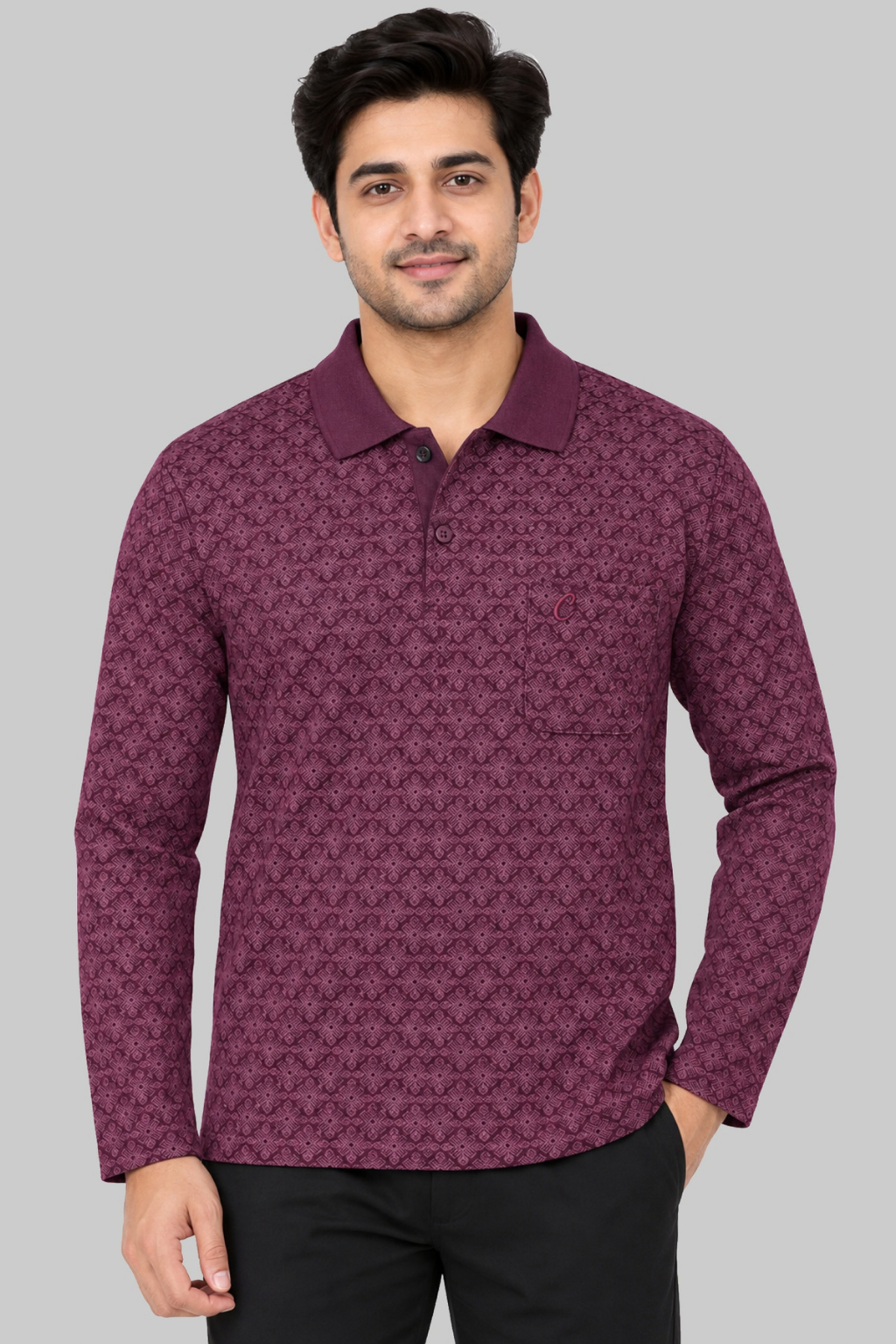 Men's Printed Full Sleeve T-Shirt For Men Polo Neck With Chest Pocket