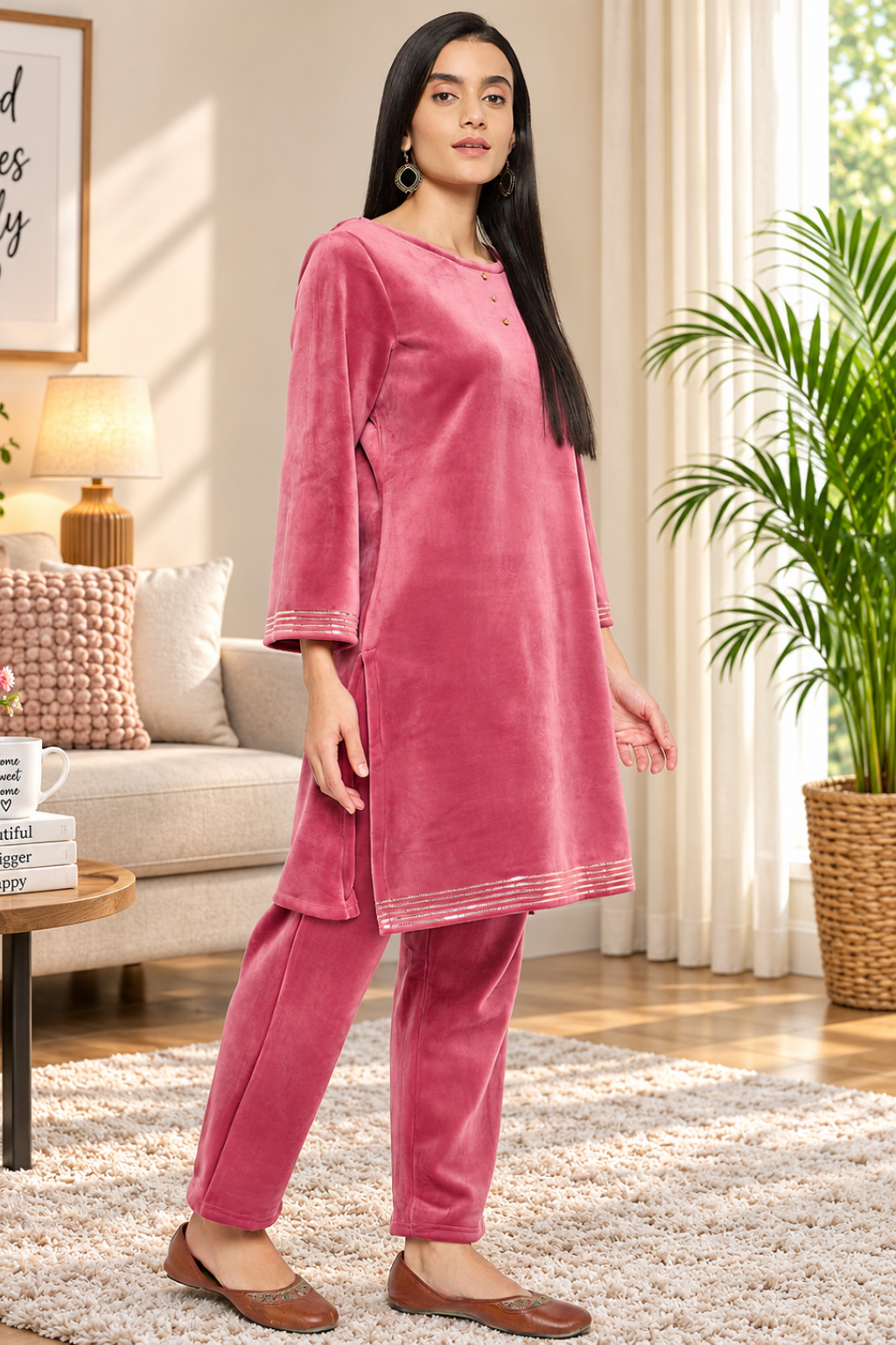 Women's Velvet Winter Kurti Set, Long Sleeves|Winter Velvet Kurti & Pajama Set