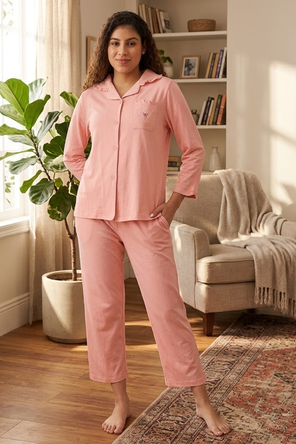 Women's Cotton Pajama Set, Long Sleeve Button-Down Shirt with Pants, Comfortable Sleepwear, Pink