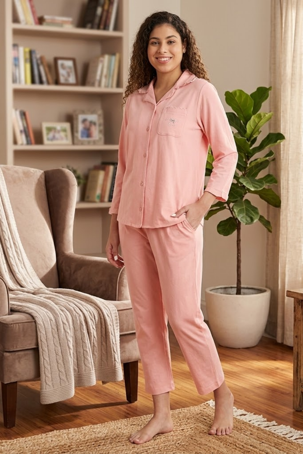 Women's Cotton Pajama Set, Long Sleeve Button-Down Shirt with Pants, Comfortable Sleepwear, Pink