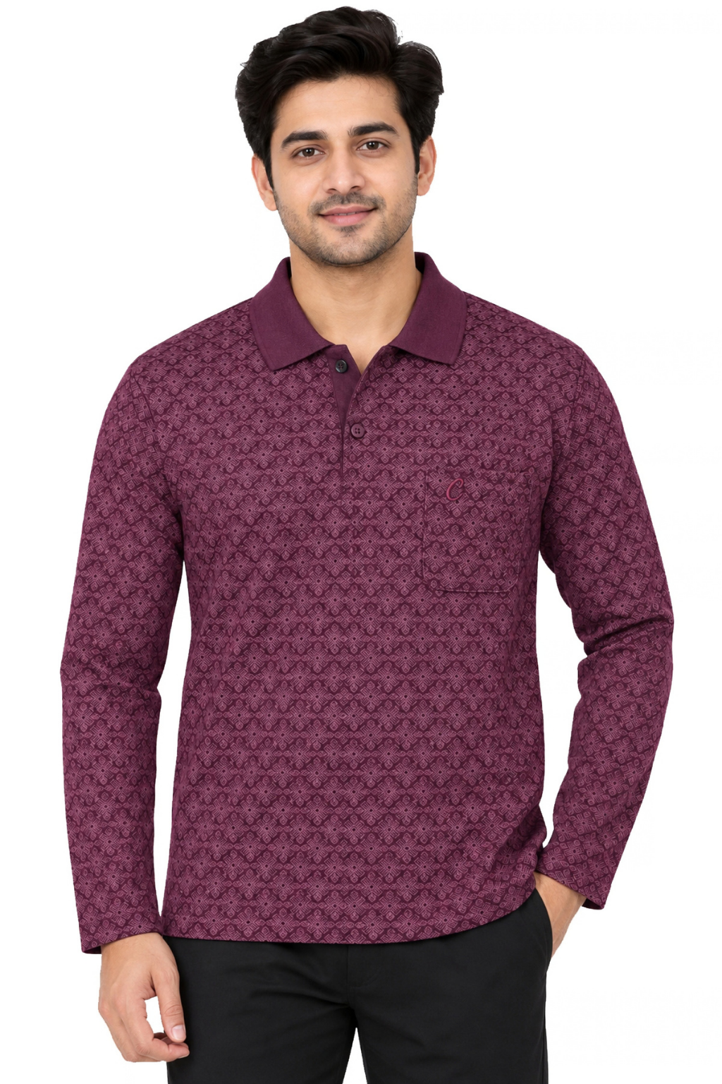 Men's Printed Full Sleeve T-Shirt For Men Polo Neck With Chest Pocket