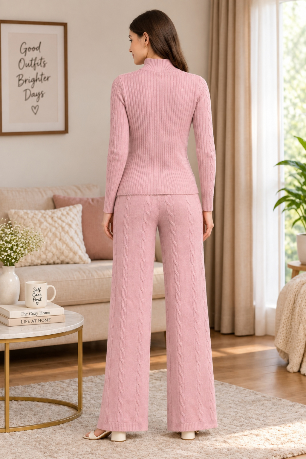 Camey Women Woolen Lounge Wear Set | Full Sleeve with Wide Leg Pants | Soft Warm Winter Co-Ord Set