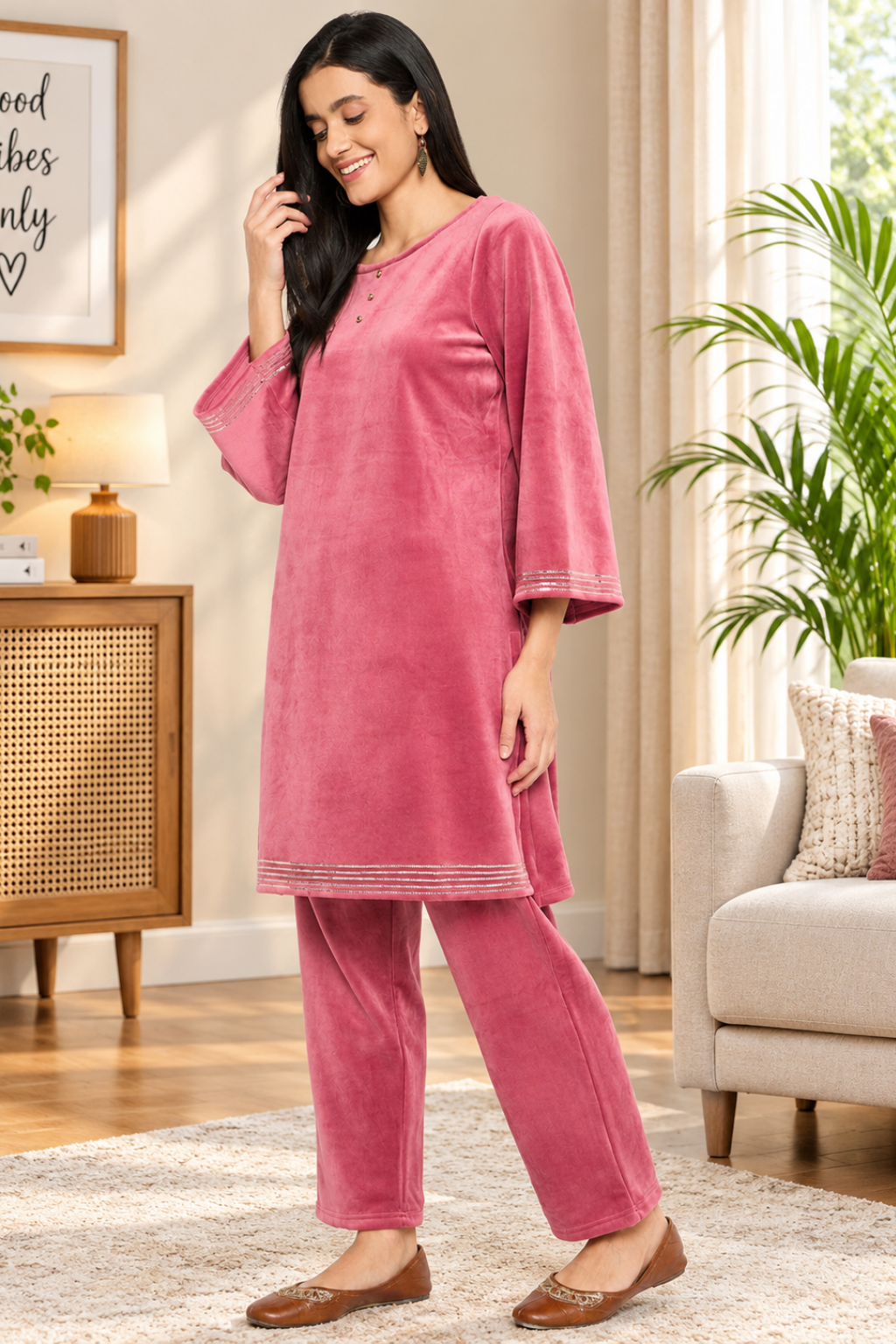 Women's Velvet Winter Kurti Set, Long Sleeves|Winter Velvet Kurti & Pajama Set