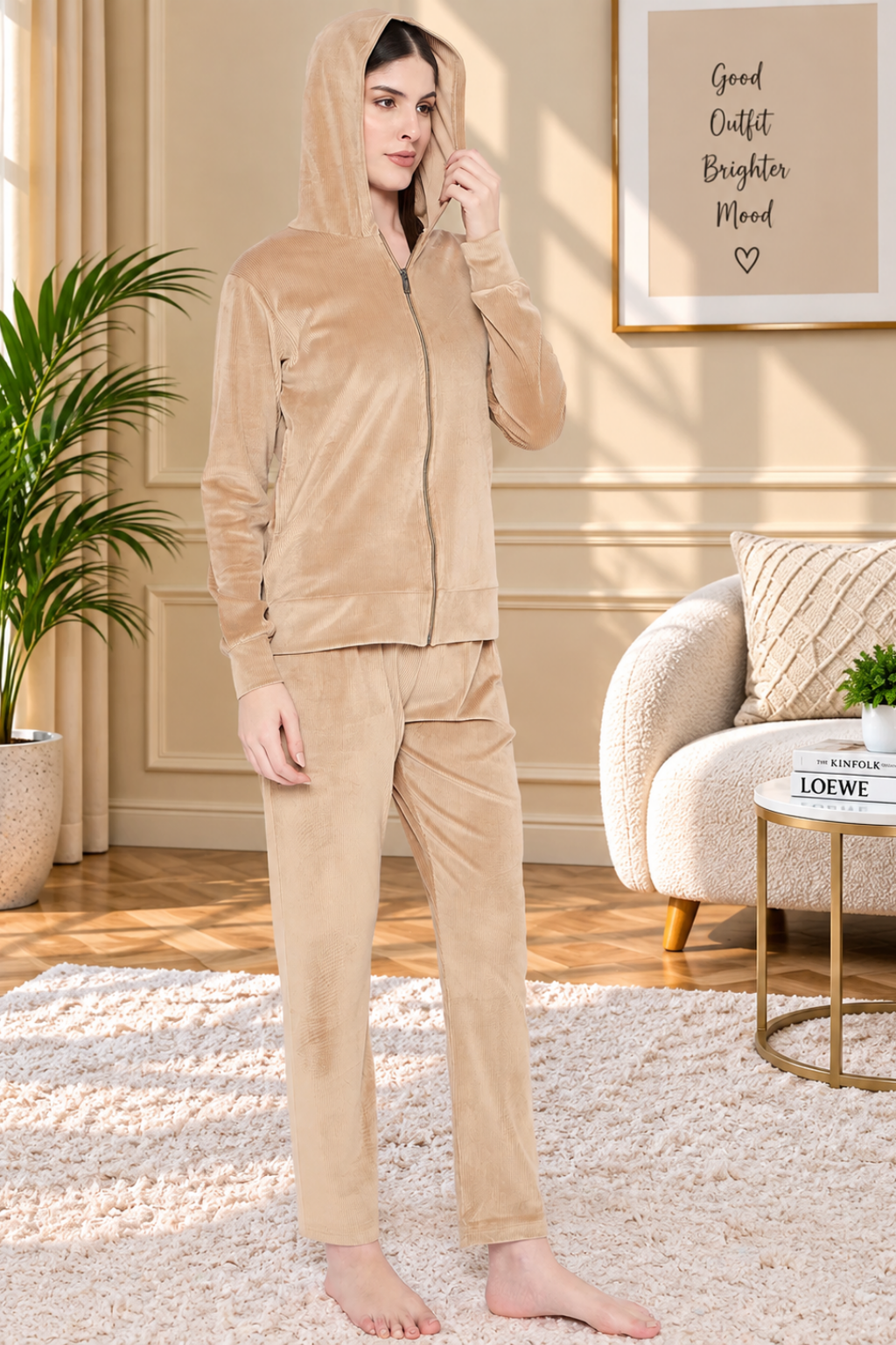Women's Winter Full Sleeve Top and Pajama Pants Regular Fit Night Suit Hooded Top and Pyjama Set Ladies Night Dress