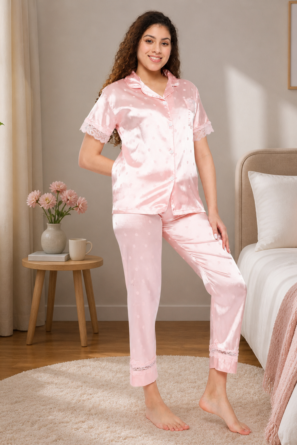 Women's Satin Pyjama Set, Short Sleeve Button-Down Shirt with Full Length Pyjama