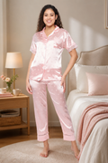 Women's Satin Pyjama Set, Short Sleeve Button-Down Shirt with Full Length Pyjama