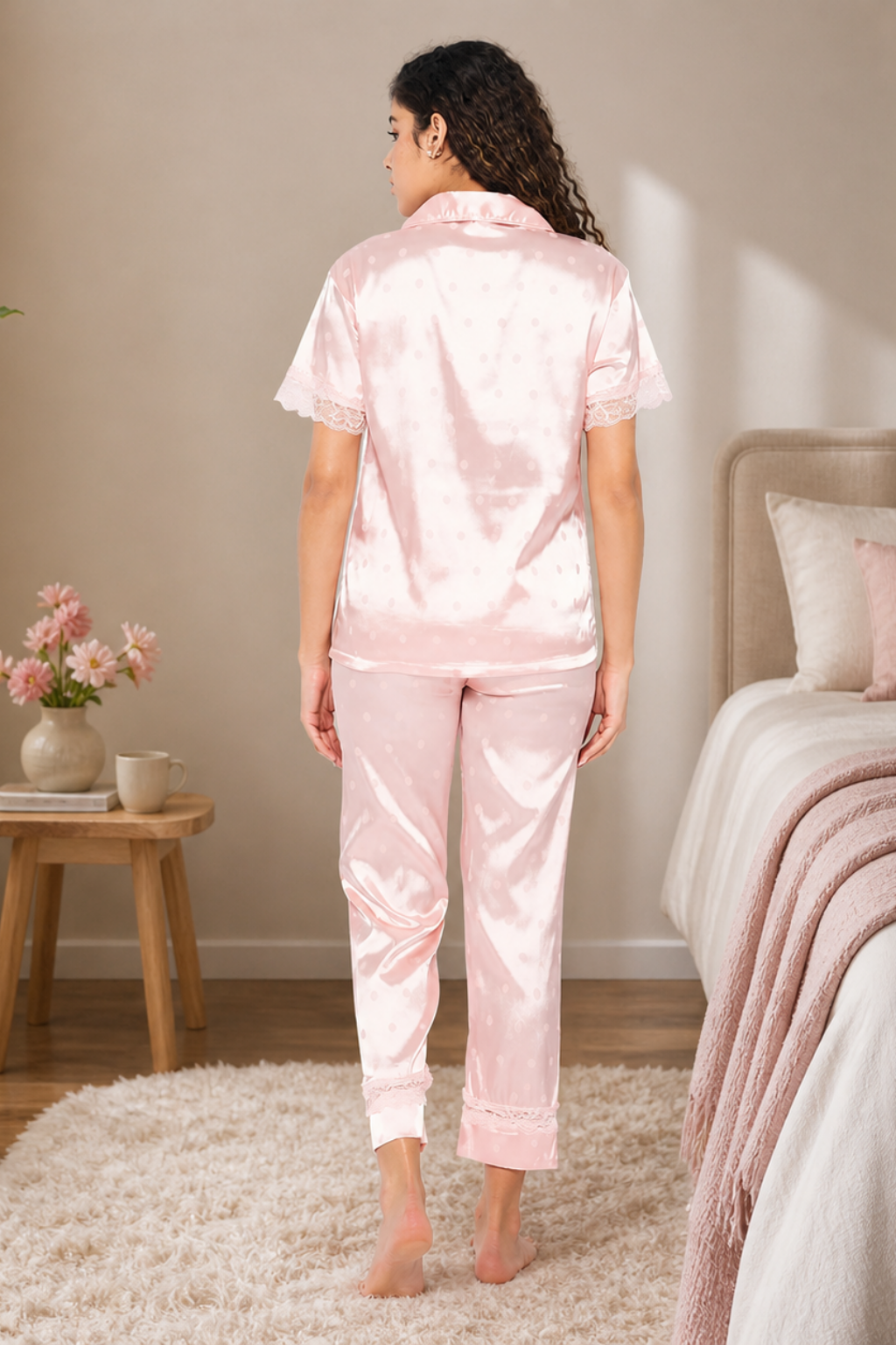 Women's Satin Pyjama Set, Short Sleeve Button-Down Shirt with Full Length Pyjama