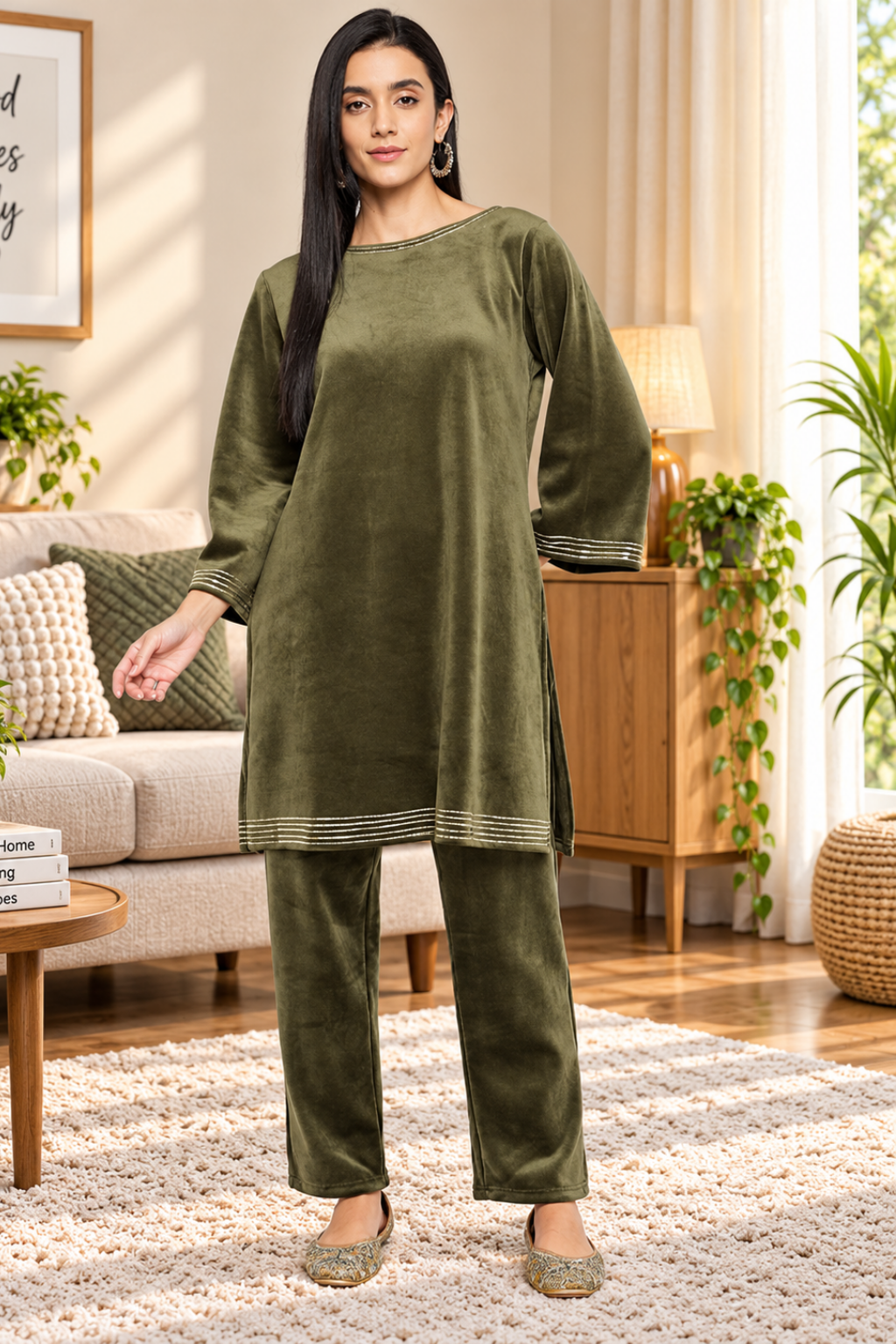 Women's Velvet Winter Kurti Set, Long Sleeves|Winter Velvet Kurti & Pajama Set