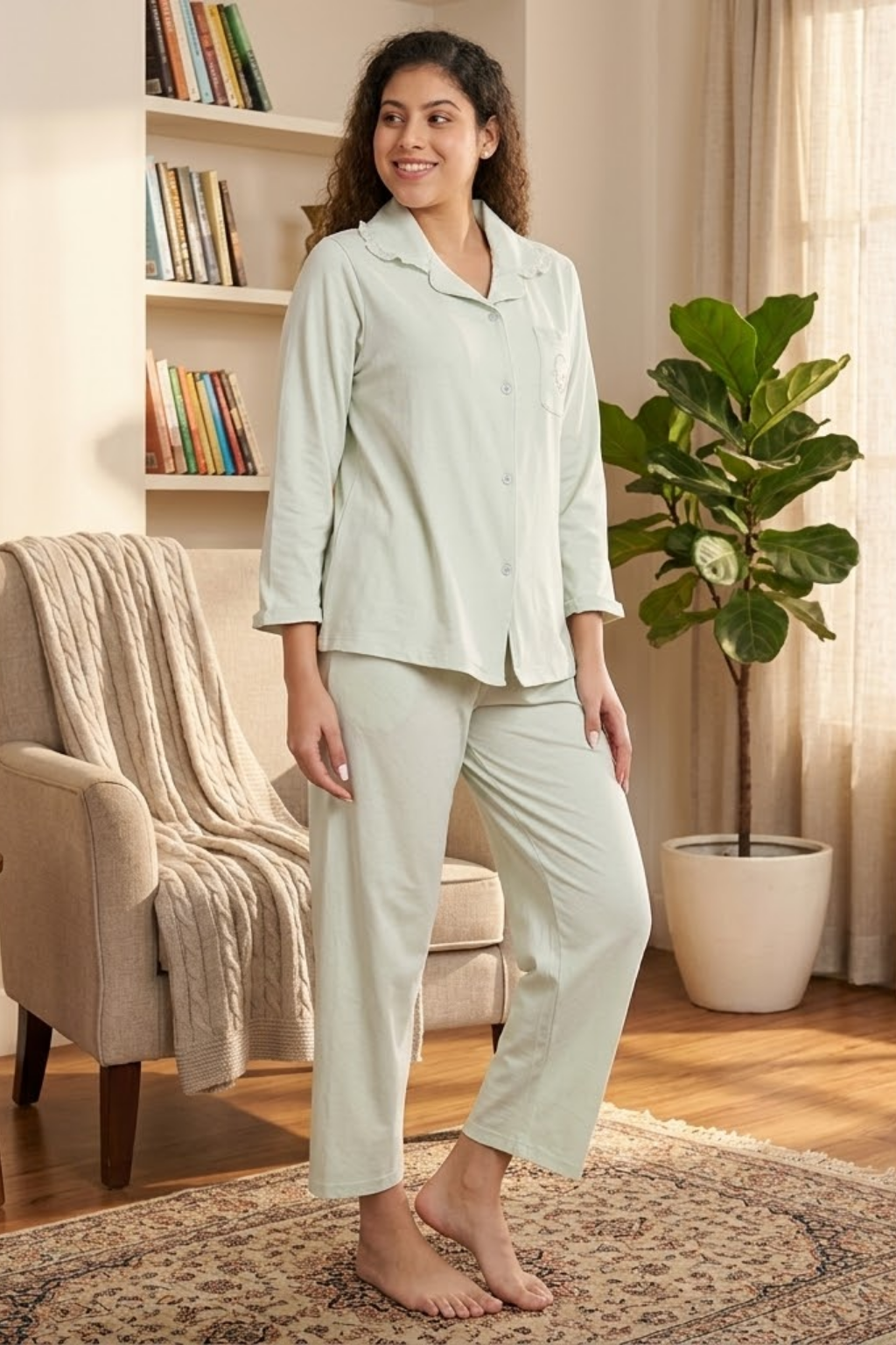 Women's Cotton Pajama Set, Long Sleeve Button-Down Shirt with Pants, Comfortable Sleepwear, Green