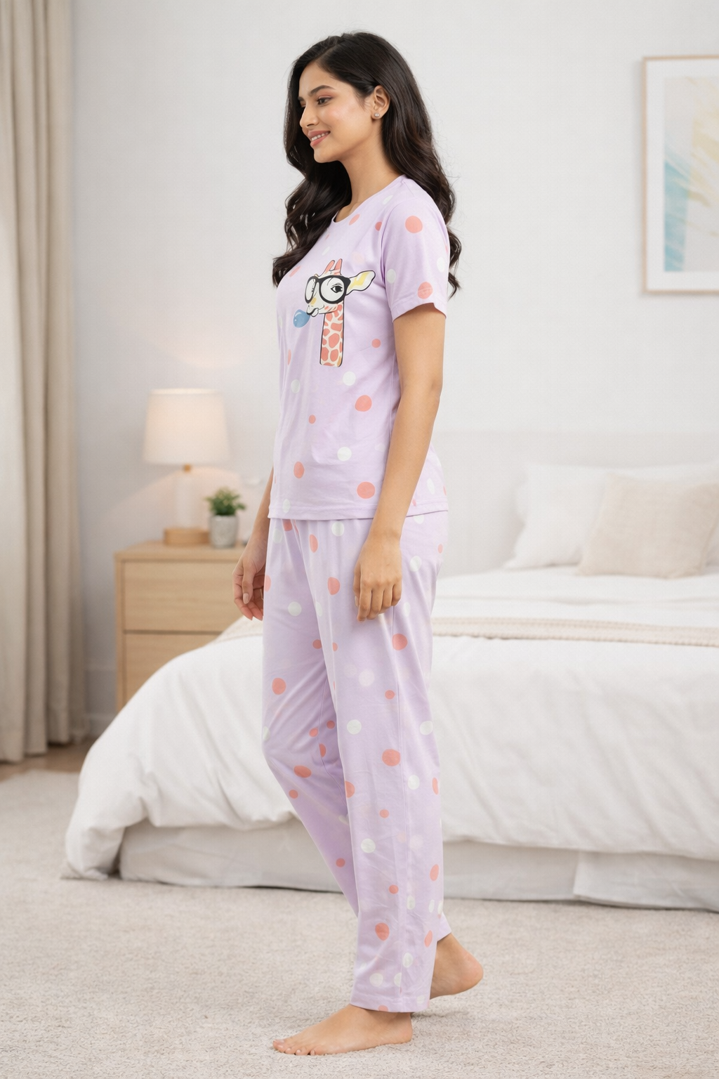 Women Viscose Pyjama Set Cute Prints Nightwear Soft Breathable Sleepwear Short Sleeve Top & Full Length Pajama Pants Lounge Set