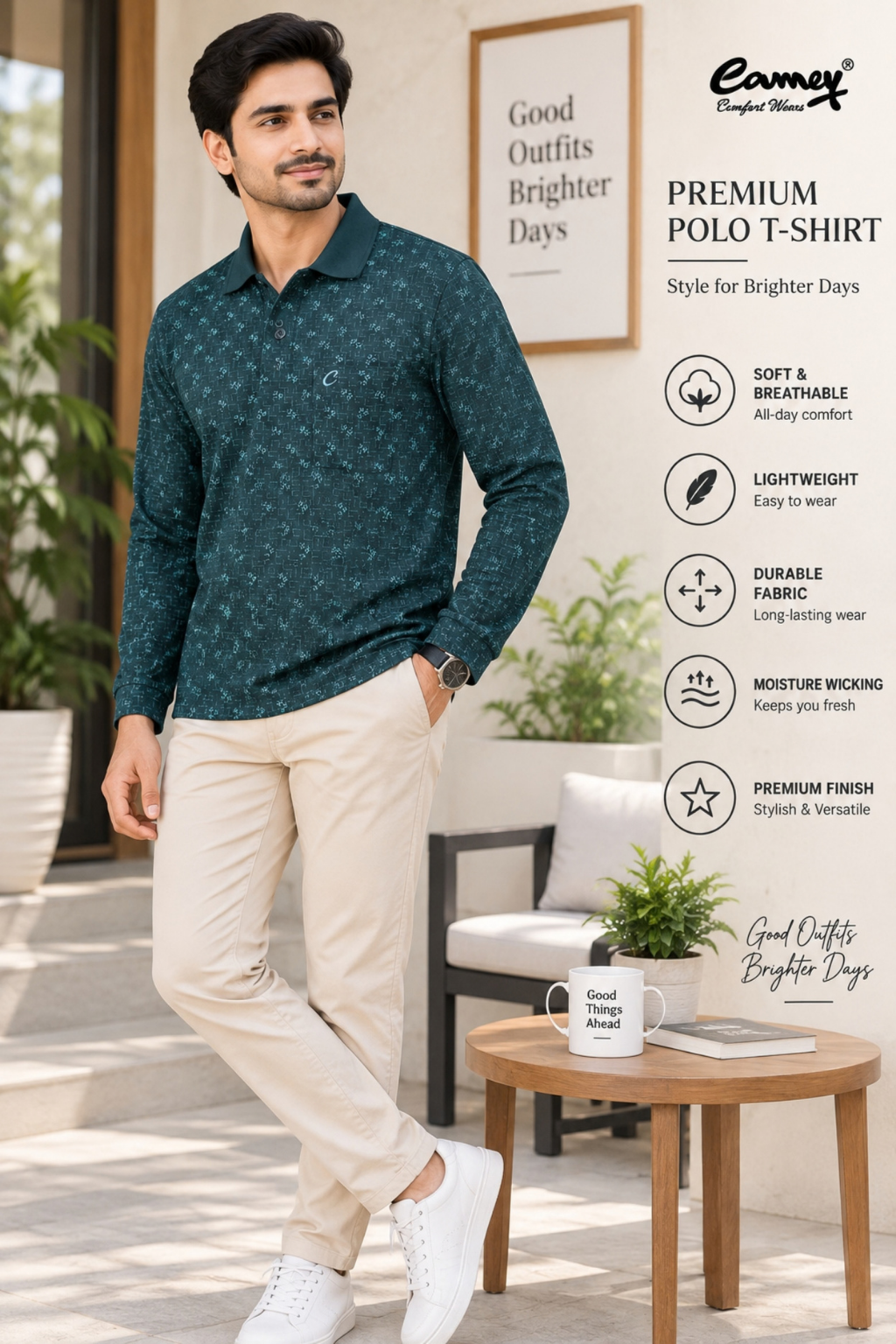 Men's Printed Full Sleeve T-Shirt For Men Polo Neck With Chest Pocket