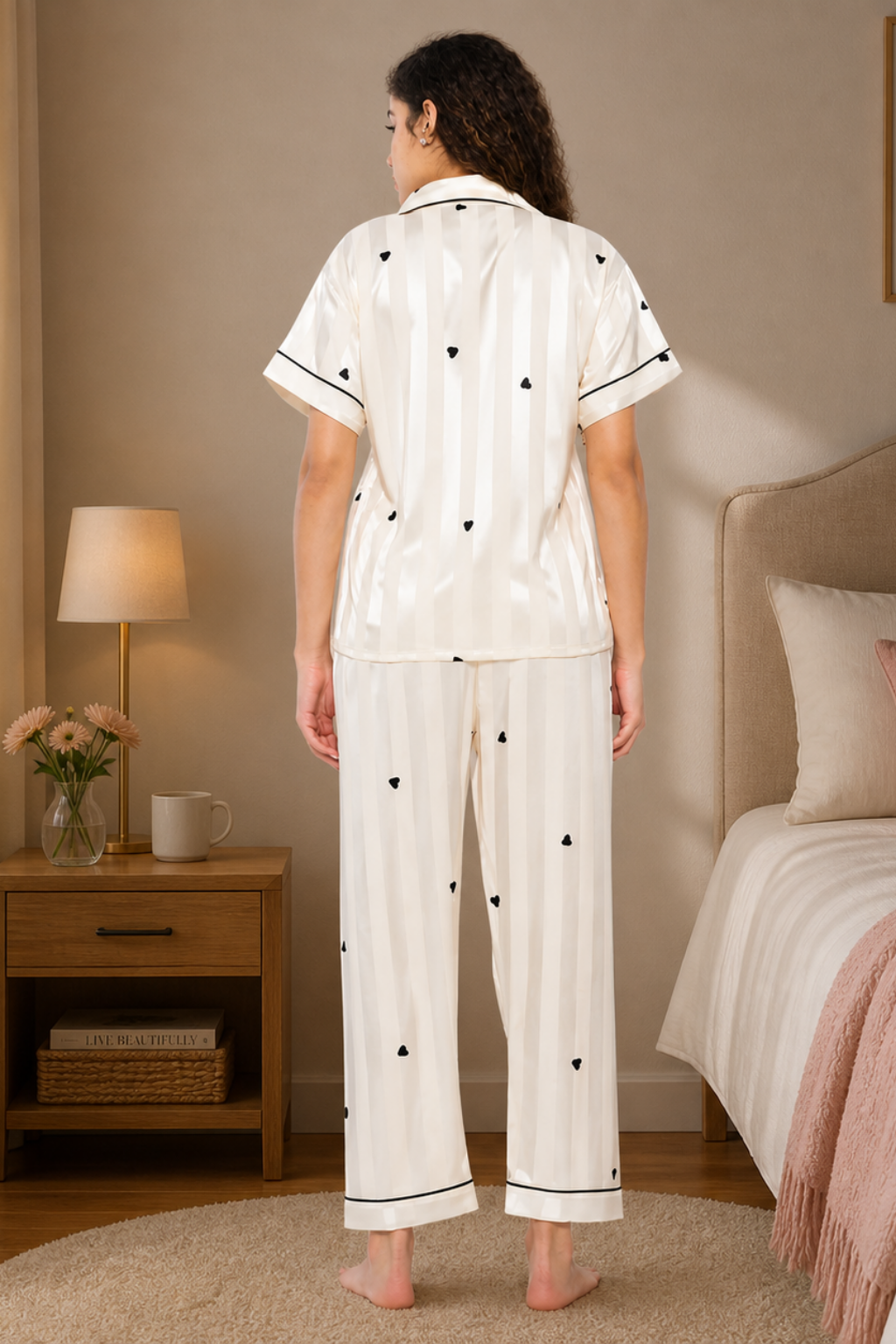 Women's Satin Pyjama Set, Short Sleeve Button-Down Shirt with Full Length Pyjama