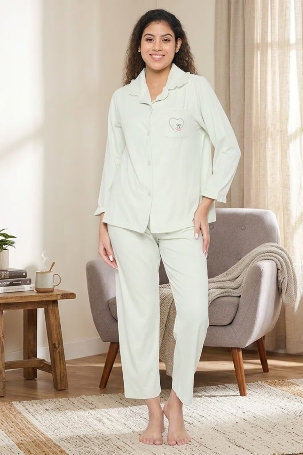 Women's Cotton Pajama Set, Long Sleeve Button-Down Shirt with Pants, Comfortable Sleepwear, Green