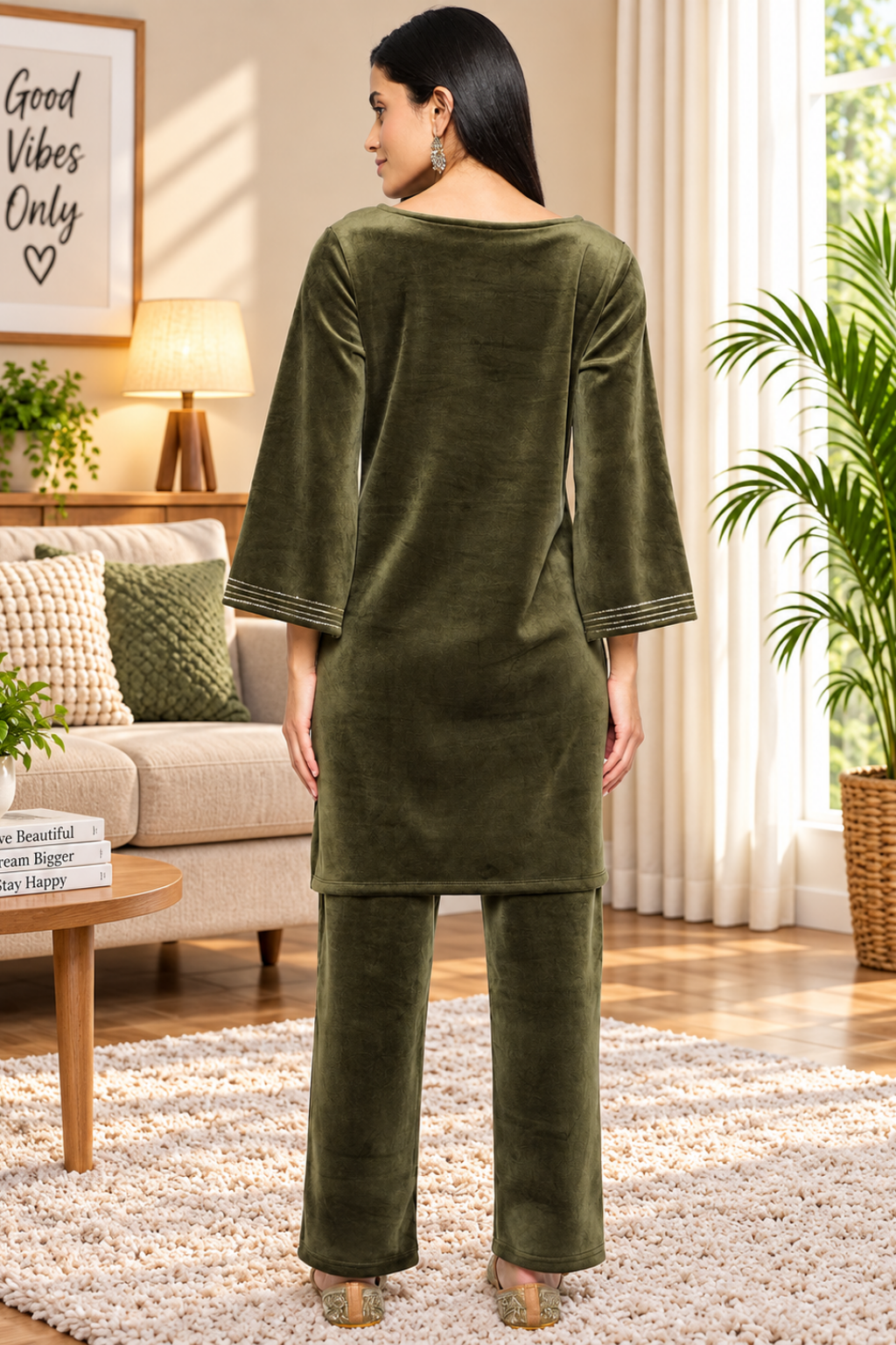 Women's Velvet Winter Kurti Set, Long Sleeves|Winter Velvet Kurti & Pajama Set