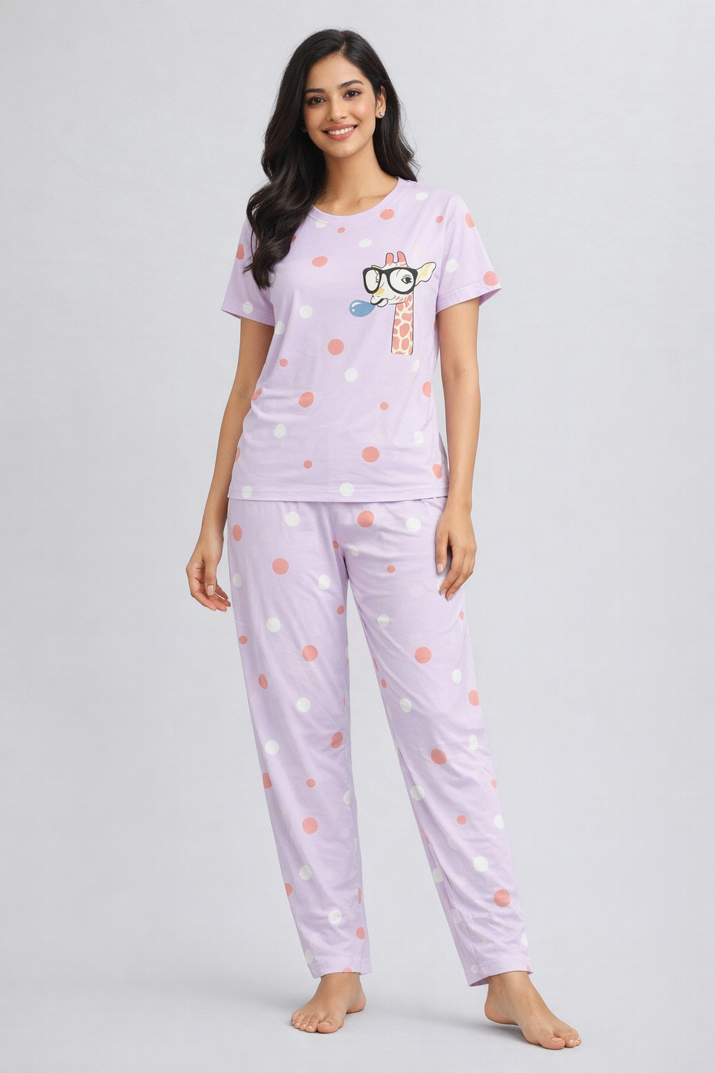 Women Viscose Pyjama Set Cute Prints Nightwear Soft Breathable Sleepwear Short Sleeve Top & Full Length Pajama Pants Lounge Set